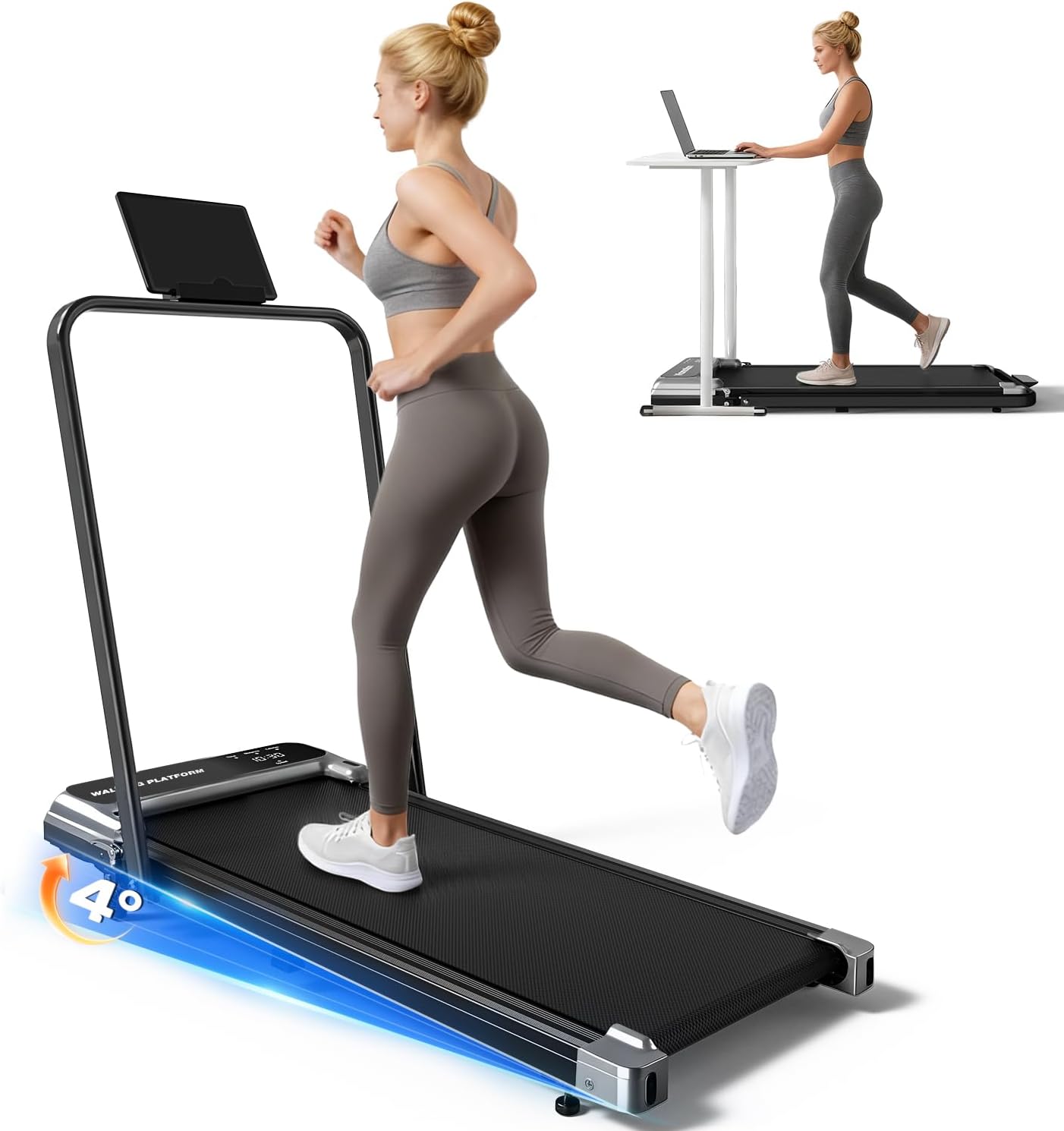 Walking Pad Treadmill for Home, Walking Pad with Incline and Handle Bar | Sturdy Foldable Handles Walking Pad with LED Display, Portable Quiet under Desk Treadmills for Small Space at Home Office