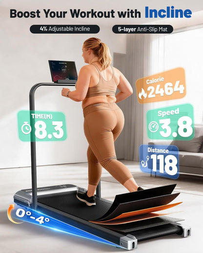 Walking Pad Treadmill for Home, Walking Pad with Incline and Handle Bar | Sturdy Foldable Handles Walking Pad with LED Display, Portable Quiet under Desk Treadmills for Small Space at Home Office