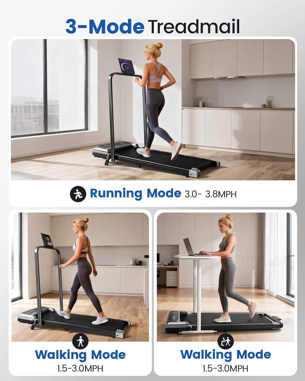 Walking Pad Treadmill for Home, Walking Pad with Incline and Handle Bar | Sturdy Foldable Handles Walking Pad with LED Display, Portable Quiet under Desk Treadmills for Small Space at Home Office