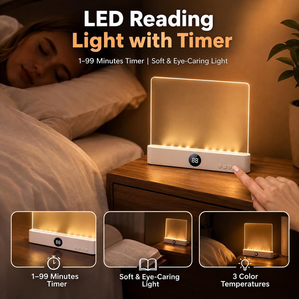 LumaPage - Rechargeable LED Book Light, 3 Colors, Dimmable & Timer