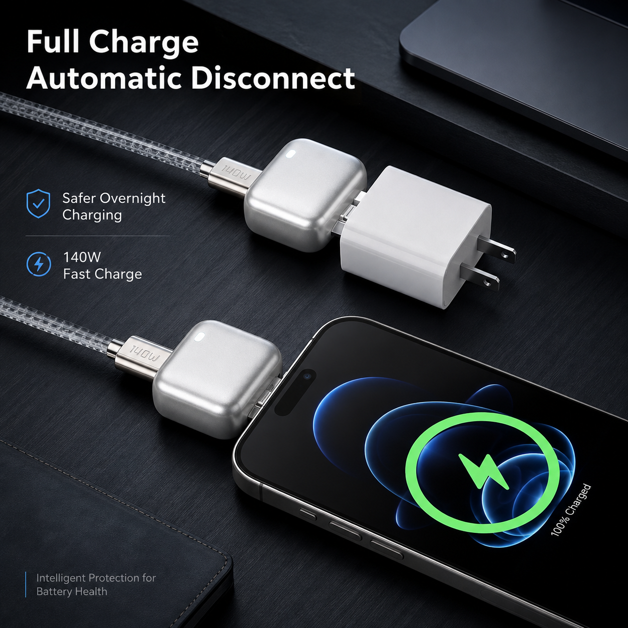 NightGuard - 140W USB-C Auto-Stop Adapter with Overcharge Protection