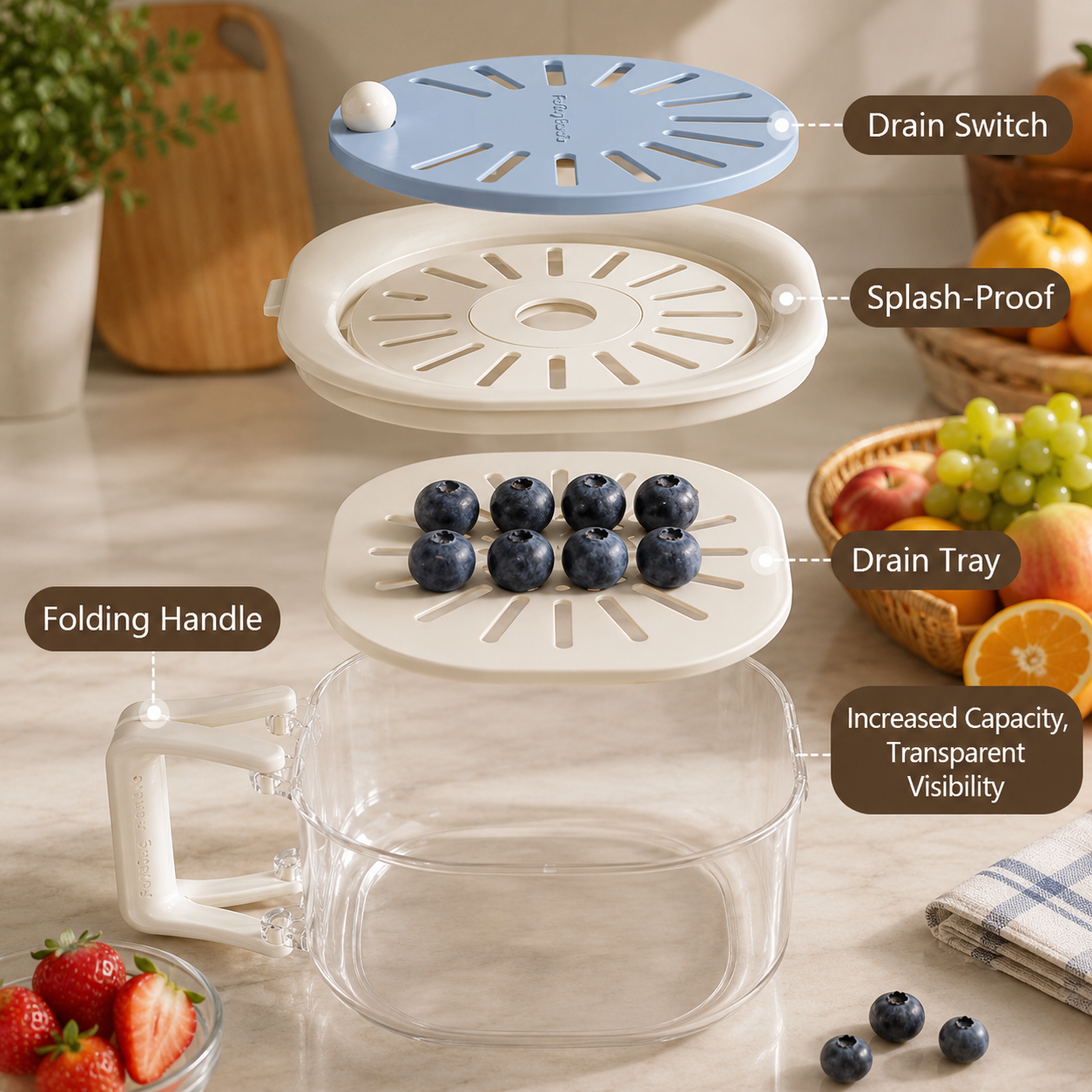 AquaRinse - Collapsible Fruit & Vegetable Washing Bowl with Strainer