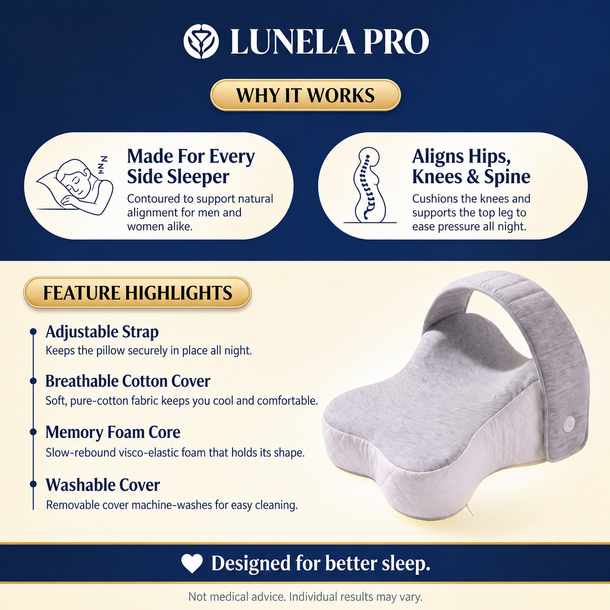 LunelaPro Knee Pillow for Side Sleepers