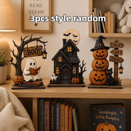 6/3 Pieces of Randomly Assorted Styles, Vintage Halloween Wooden Indoor Decorations, Autumn Decorations, Vintage Wooden Blocks, Can Be Used for Shelf Decoration, Featuring Elements Such as Ghosts, Black Cats, Pumpkins,