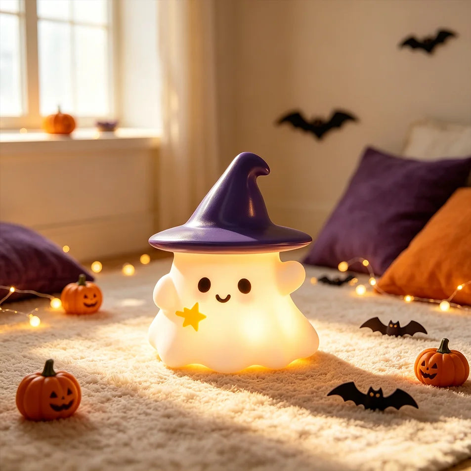 Halloween Cute Ghost Witch Hat Pumpkin Night Light Silicone LED Lamp Desktop Ornament Home Party Atmosphere Decor Holiday Gift