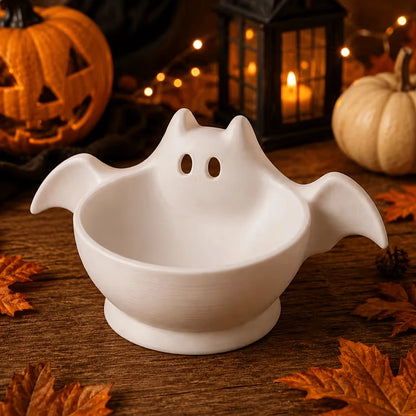 Halloween Ghost Bat Ceramic Candy Bowl, Cute White Porcelain Snack Storage Bowl Party Table Decor