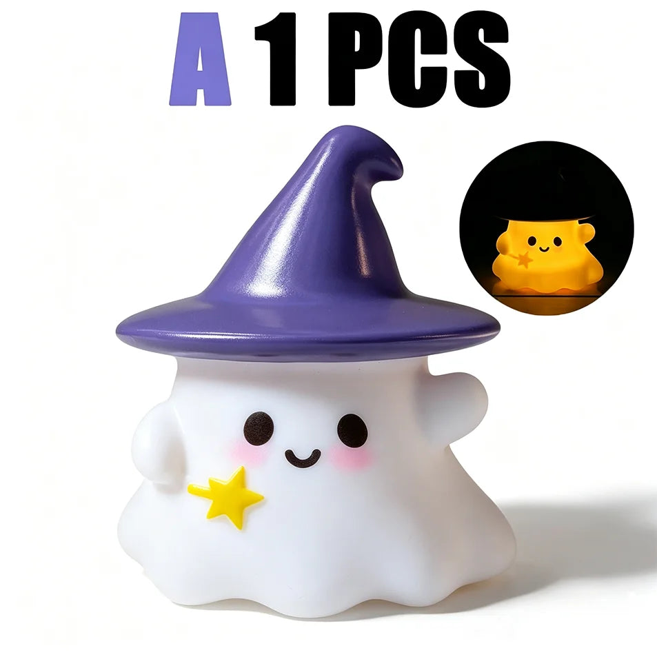 Halloween Cute Ghost Witch Hat Pumpkin Night Light Silicone LED Lamp Desktop Ornament Home Party Atmosphere Decor Holiday Gift