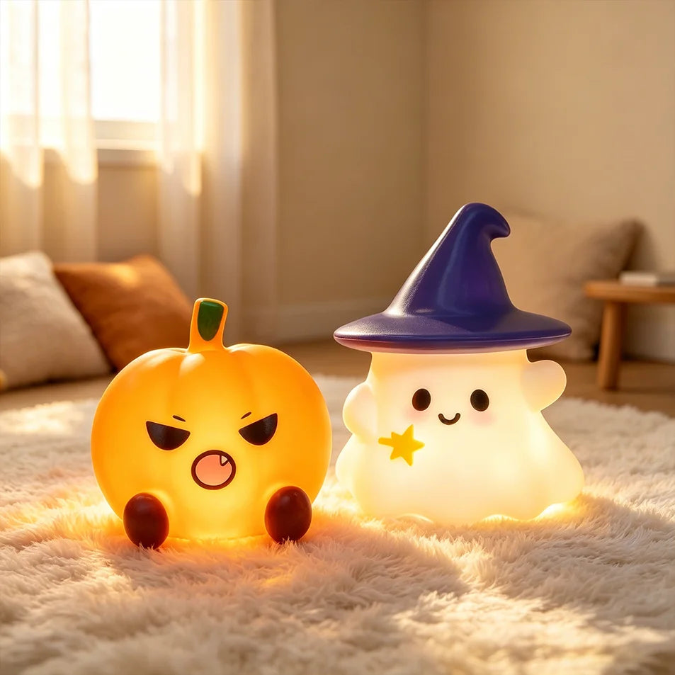 Halloween Cute Ghost Witch Hat Pumpkin Night Light Silicone LED Lamp Desktop Ornament Home Party Atmosphere Decor Holiday Gift