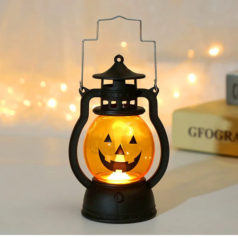 Halloween LED Hanging Pumpkin Lantern Light Ghost Lamp Candle Light Retro Small Oil Lamp Halloween Party Home Decor Horror Props
