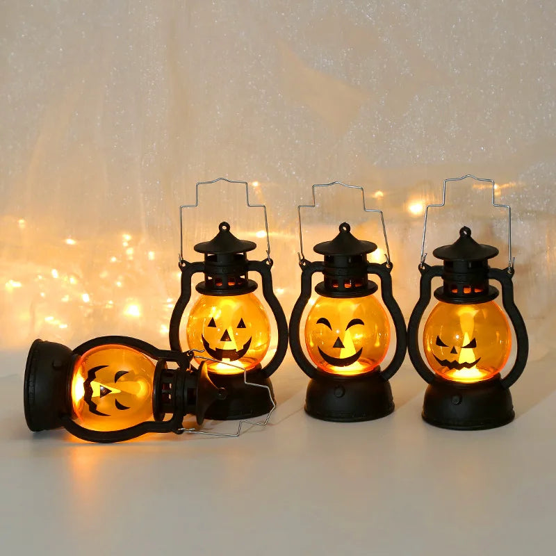 Halloween LED Hanging Pumpkin Lantern Light Ghost Lamp Candle Light Retro Small Oil Lamp Halloween Party Home Decor Horror Props