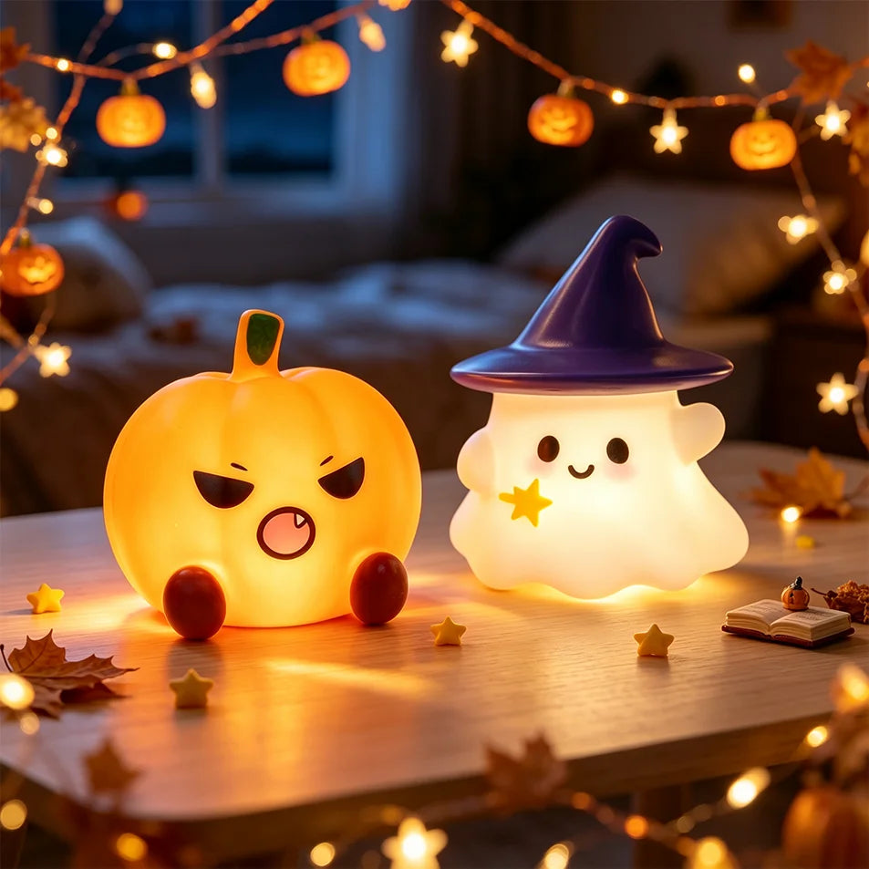 Halloween Cute Ghost Witch Hat Pumpkin Night Light Silicone LED Lamp Desktop Ornament Home Party Atmosphere Decor Holiday Gift
