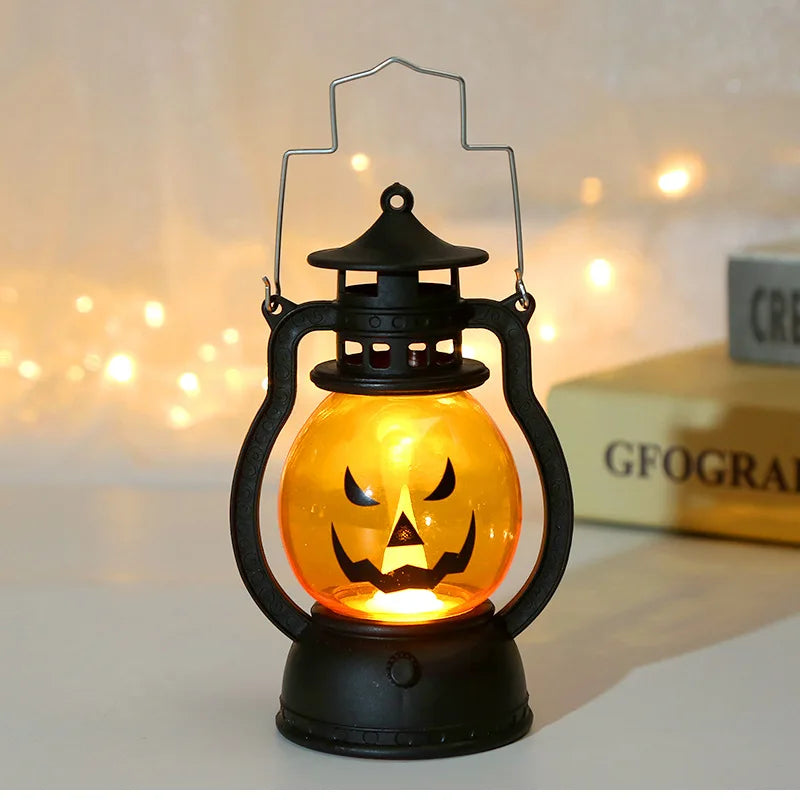 Halloween LED Hanging Pumpkin Lantern Light Ghost Lamp Candle Light Retro Small Oil Lamp Halloween Party Home Decor Horror Props