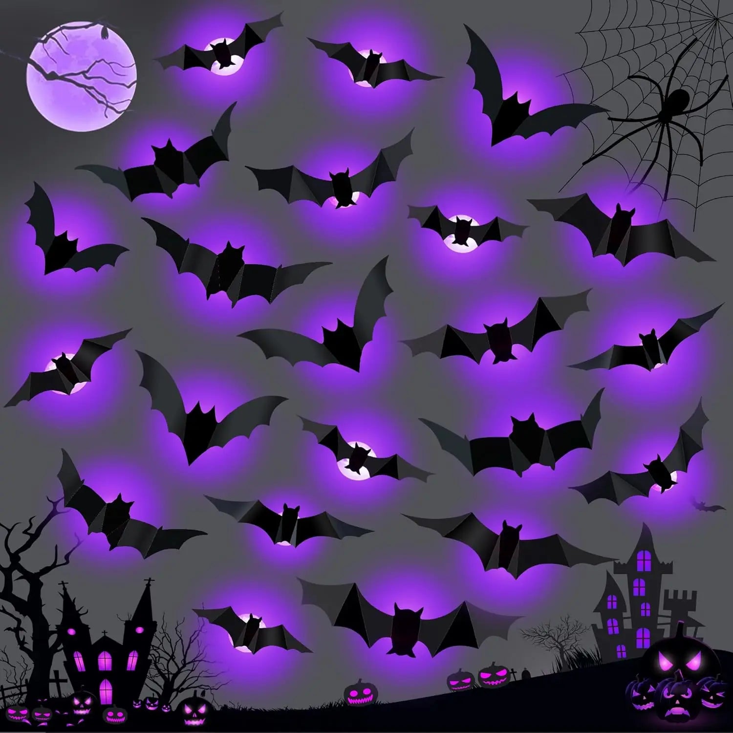 Halloween Bat/Spider Decor Night Light 3D Purple/Green Lights Wall Sticker for Self-Adhesive Decor Halloween Party Decoration