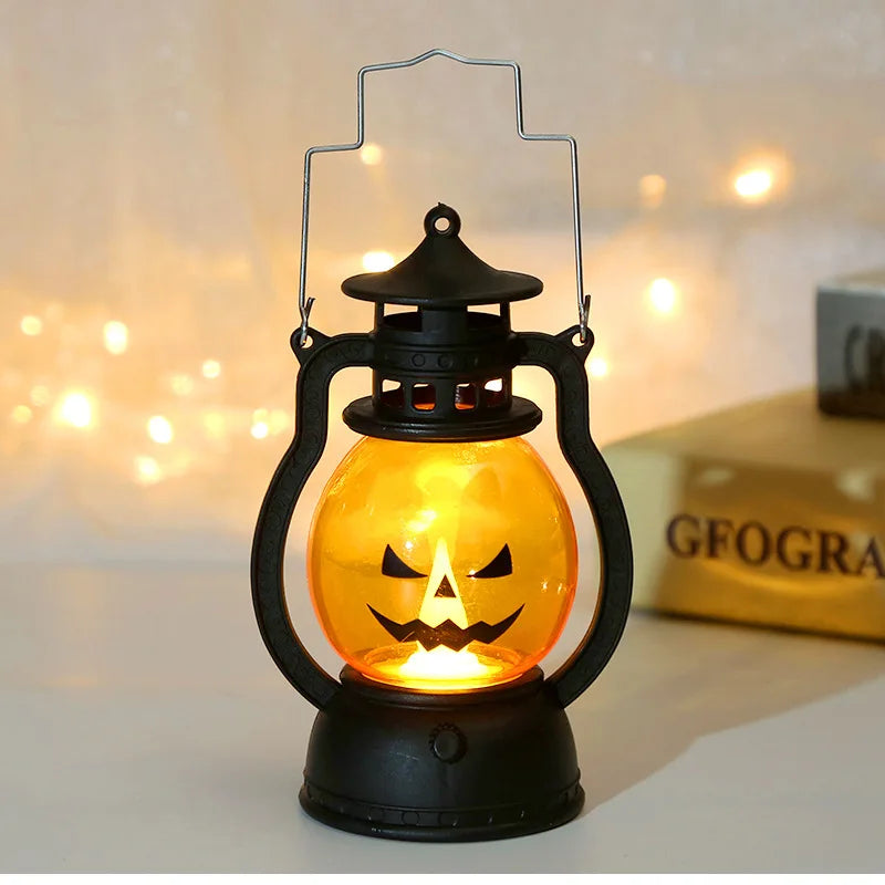 Halloween LED Hanging Pumpkin Lantern Light Ghost Lamp Candle Light Retro Small Oil Lamp Halloween Party Home Decor Horror Props