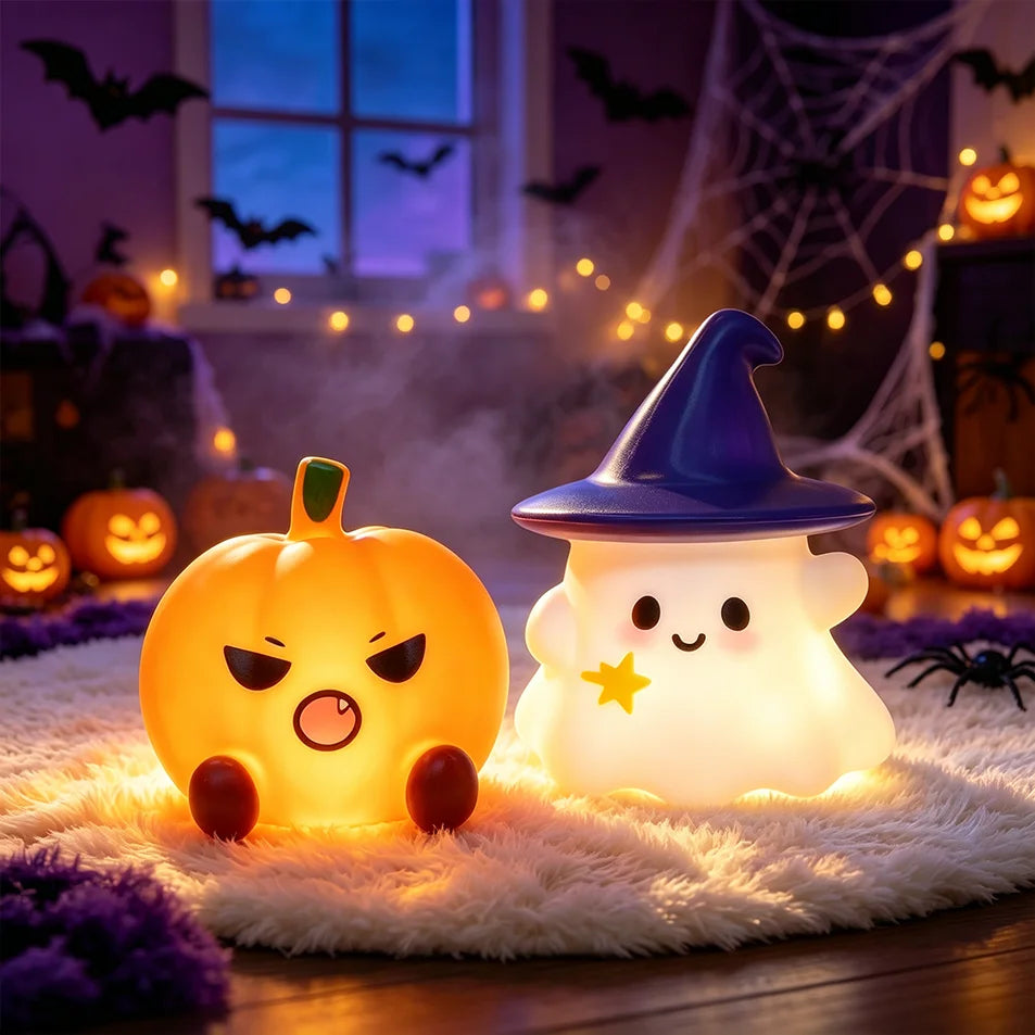 Halloween Cute Ghost Witch Hat Pumpkin Night Light Silicone LED Lamp Desktop Ornament Home Party Atmosphere Decor Holiday Gift