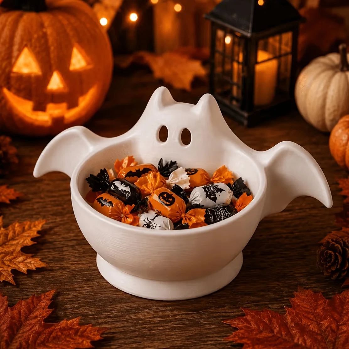 Halloween Ghost Bat Ceramic Candy Bowl, Cute White Porcelain Snack Storage Bowl Party Table Decor
