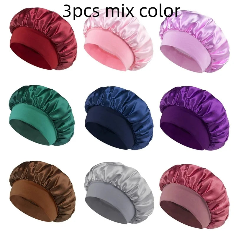 1/3/5/10 Pcs Mix Newly Silk Bonnet for Wide-Brimmed Sleeping Satin Hair Bonnets Soft Elastic Band for Women Men Curly Hair Use